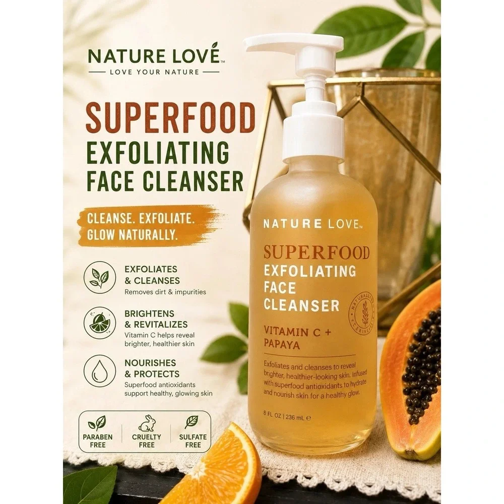 Nature Love Superfood Exfoliating Face Cleanser Vitamin C‎ Papaya 8 oz